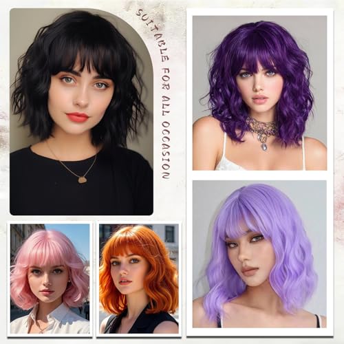 Short Black Wavy Bob Wig with Bangs for Women - Synthetic Daily Wear Hairpiece