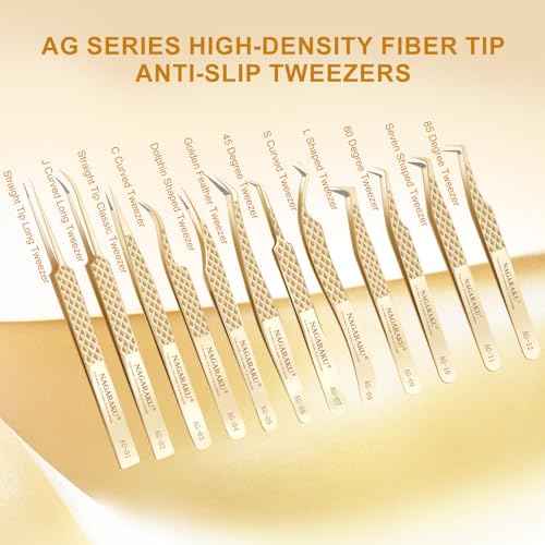 NAGARAKU 1 Pair Precision Fiber Tip Tweezer for Eyelash Extensions Professional Eyelash Tweezers Antistatic Straight & Curved Tip Tweezers with Box(Isolation & Volume Lash Tweezers AG-03 & AG-07)