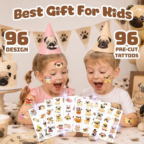 96 Pug Dog Temporary Tattoos for Kids | Party Favors