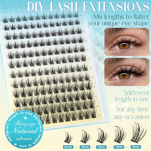 Lash Clusters Kit Wispy Eyelash Clusters Manga Lash Extensions Kit 8-16mm Natural Cluster Eyelash Extensions Fairy False Lashes DIY Individual Lashes Clusters Kit Spikes Lash Clusters