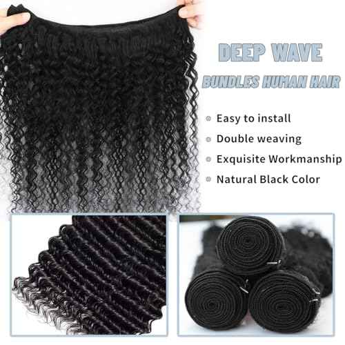 LICHANG 1 Bundle Human Hair 24 Inch 12A Deep Wave Bundles Human Hair 100% Unprocessed Brazilian Virgin Hair Quick Weave Bundle Real Hair For Women Natural Black