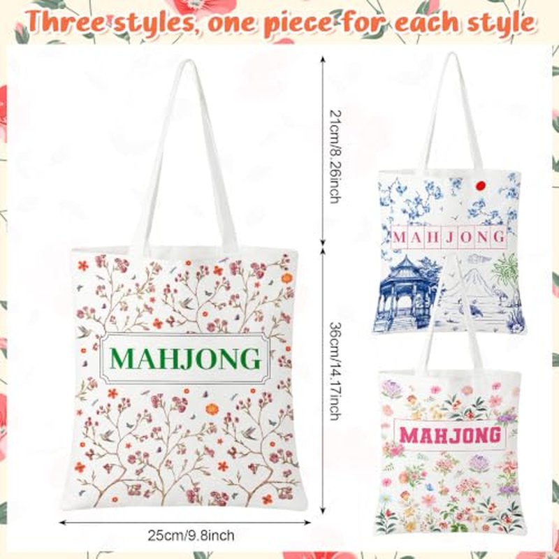 3 Pcs Mahjong Canvas Tote Bags for Women - Floral Designs