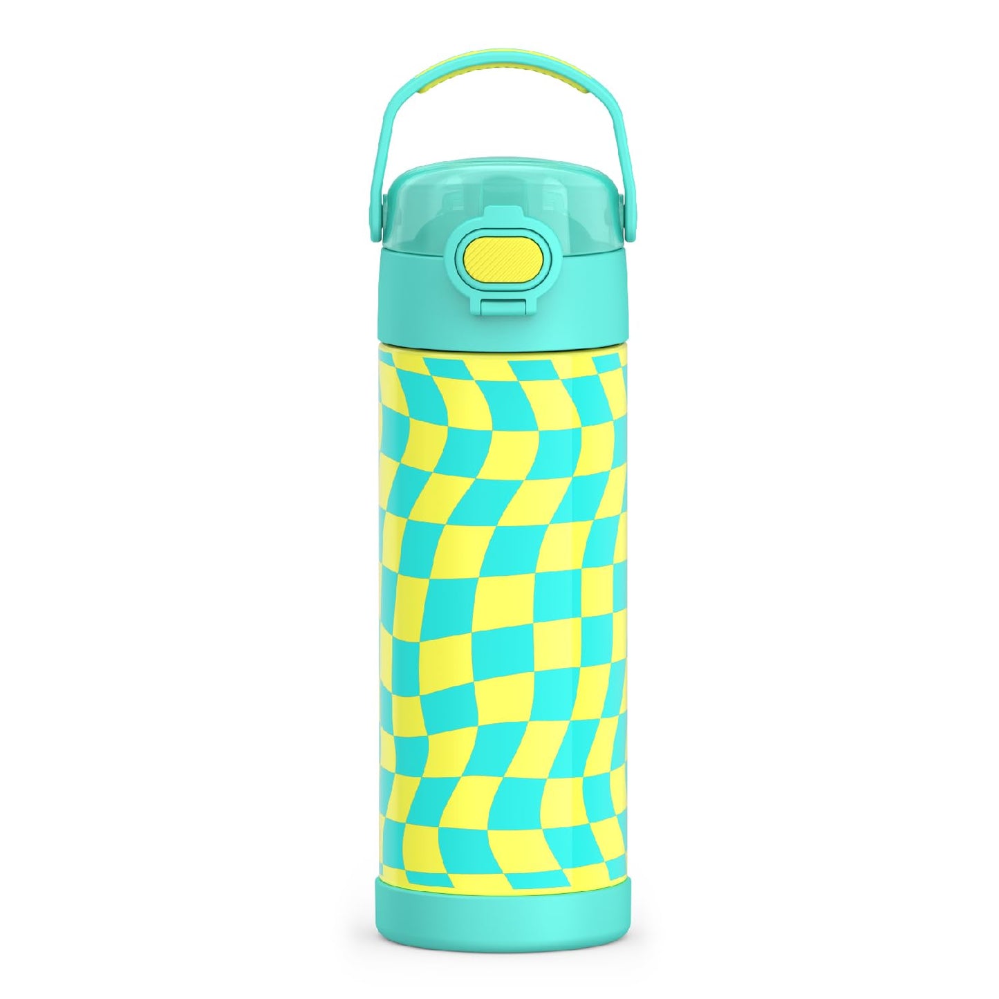 THERMOS FUNTAINER 16 Ounce Stainless Steel Vacuum Insulated Bottle with Wide Spout Lid, Wavy Checkers Teal