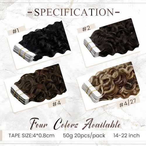 Hetto Curly Tape in Hair Extensions Human Hair Black Wavy Tape in Hair Extensions Invisible Curly Tapes Hair Extension #1 Jet Black 14Inch 50G