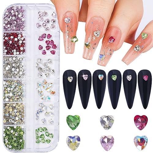 12 Grids 3D Mini Heart Shape Nail Rhinestones for Acrylic Nails Mixed Size Crystals Glass Round Flatback Rhinestones Nail Art Crystal Gem Jewelry Diamond Rhinestones for Nail Craft Decoration B