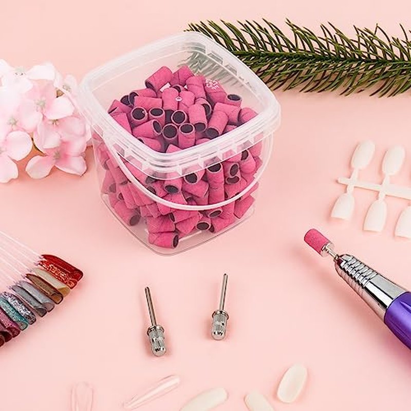 240 Grit Sanding Bands for Nail Drill - 200Pcs Pink with 2 Mandrels