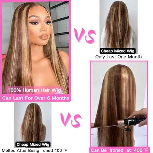 Human Hair Wig Highlight Honey Blonde 26inch 200% Density 13x4 Full Frontal HD Transparent Lace Pre Plucked Ombre Straight Lace Front Wig Human Hair Brown 4/27 Colored Lace Frontal 100 Natural Wigs