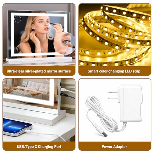 Vanity Mirror with Lights 28"x20", LED Makeup Mirror, 3 Color Lighting Modes, 10X Magnification, Smart Touch Control, Dimmable, Aluminum Metal Frame, Lighted Up for Vanity Desk (White)
