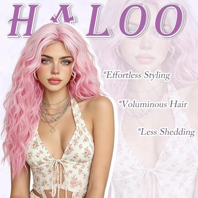 Haloo 26-Inch Pink Wig with Curtain Bangs - Wavy Curly Synthetic Hair
