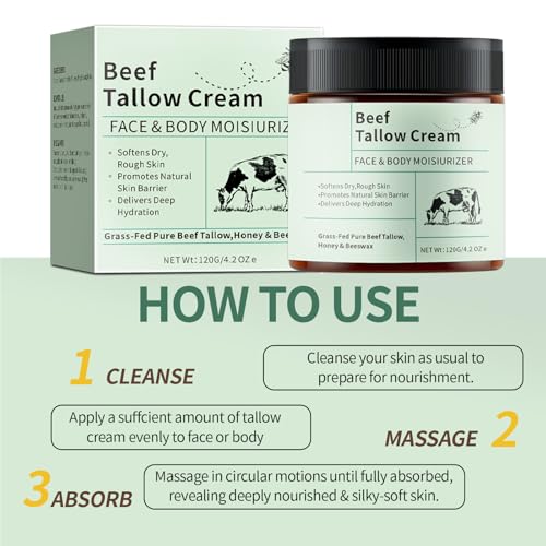 Beef Tallow for Face, Lasting Moisturizer Whipped Beef Tallow and Honey Balm for Face & Body Skin Care.(Unscented)