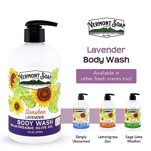 VERMONT SOAP Body Wash, Natural Body Wash with Shea Butter, Mild Gel Body Wash for Moisturizing and Soothing Skin, Fragrance Free Body Wash for Women & Men (Lavender Ecstasy, 12oz)