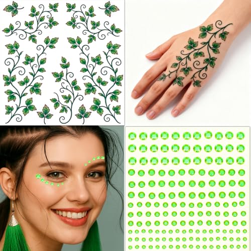 Ivy Face Sticker Set with Face Paint Temporary Tattoos and Green White Face Gems, Glitter Ivy Accessories for Halloween Costume, Cosplay Festival Makeup for Women Girls (A)
