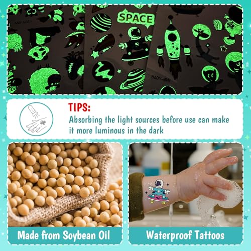 Luminous Temporary Tattoos for Kids, 380 Mixed Designs (30 Sheets)