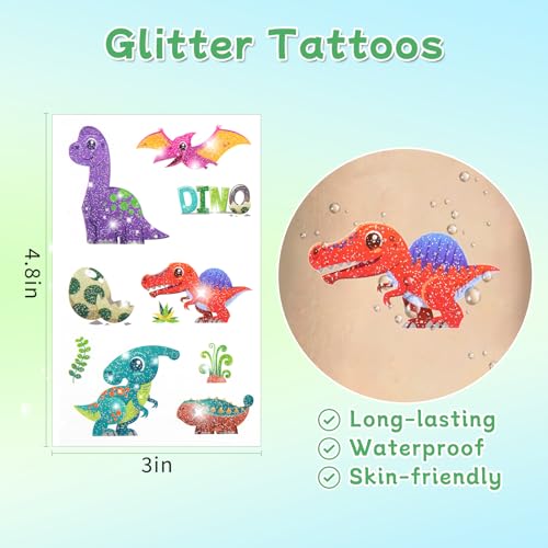 Dinosaur Glitter Temporary Tattoos for Kids - 160 Styles - Dino Party Favors, Birthday Party Supplies, T-rex Decorations