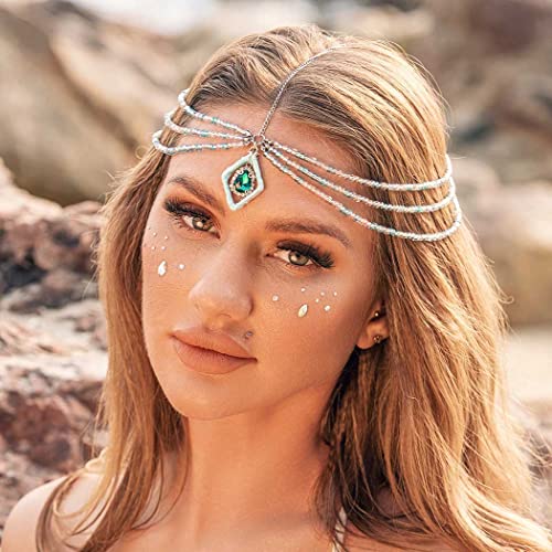 EARENT Boho Layered Beaded Head Chain Sparkly Crystal Headpiece Colorful Beads Costume Forehead Chains Summer Beach Hair Accessories for Women (B-Blue purple)