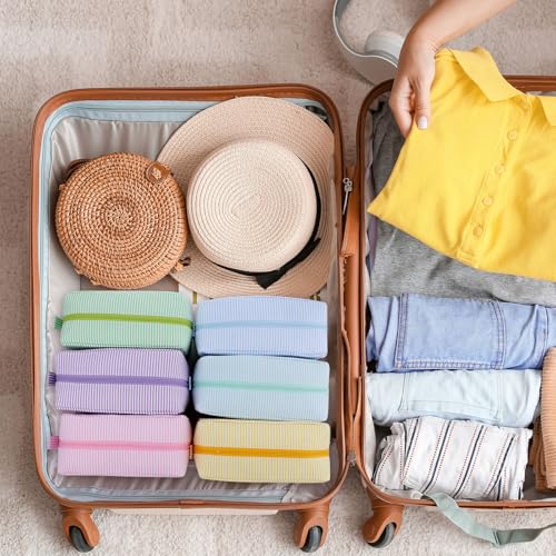 Sanwuta Large Seersucker Makeup Bag Set - 6 Cute Travel Organizers