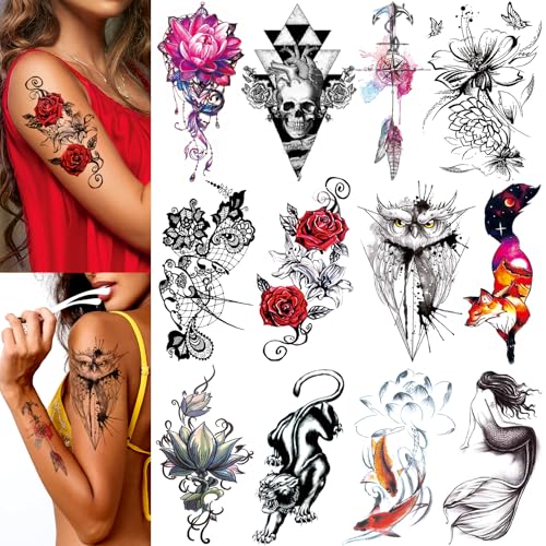 VERKSTAD Christmas 12 Sheets Temporary Tattoos for Men Women Adult, Half Arm Sleeve Waterproof Fake Temp Tattoo Stickers, Fox Tiger Mermaid Sexy Tattoo Hand and Body Art Parties