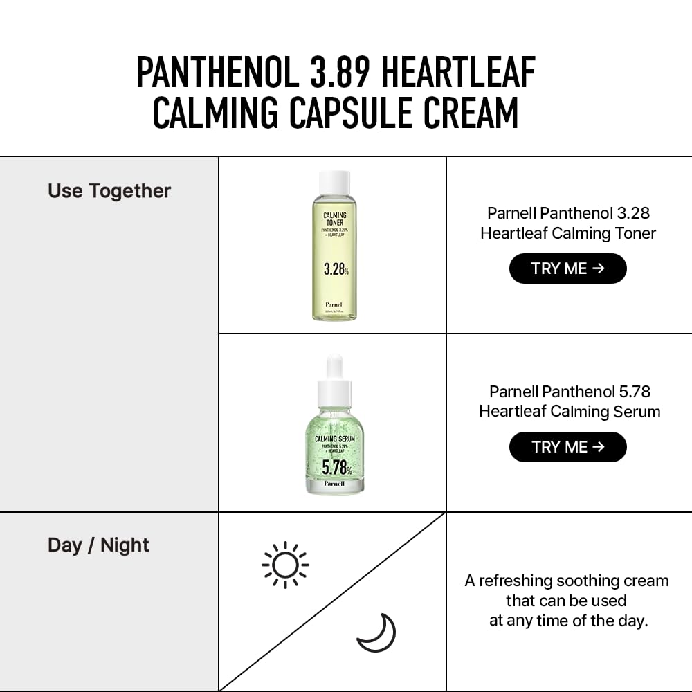 Parnell Panthenol 3.89% | 50ml / 1.69 fl.oz. | Heartleaf Calming Capsule Cream, Acne soothing cream, korea skin care, korea beauty