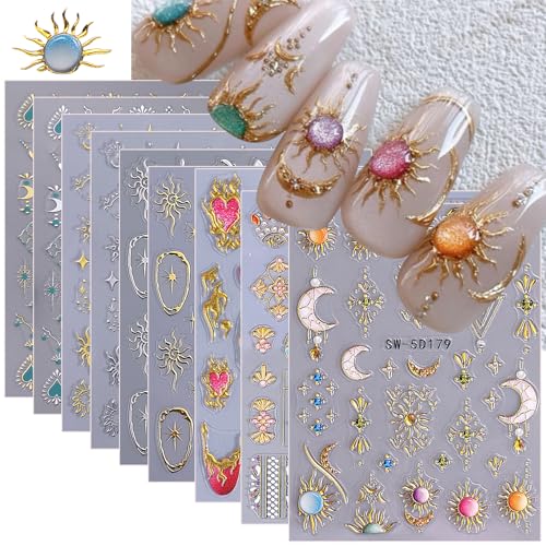 Sun Moon Star 5D 3D Embossed Nail Art Stickers (9 Sheets) - Bohemian Decals