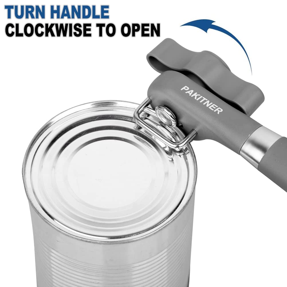 PAKITNER- Cut safe can opener, Manual can opener smooth edge - handheld Side cut can opener with Sharp Blade, Comfortable Grip Handle Food Grade Stainless Steel Cutting Can Opener, Gray