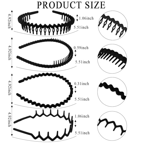 10 Pack Black Matte Zigzag Non-Slip Headbands for Women & Men