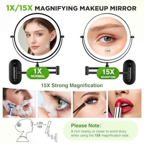 Wall Mounted Makeup Mirror: 1x/15x Magnifying Mirror with 8.5" Double Sided, Vanity Makeup Mirror for Bathroom, Brush Black