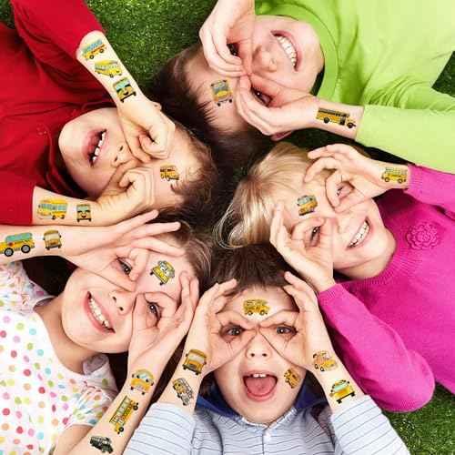 12 Sheets Temporary Tattoos for Kids, School Bus Birthday Party Supplies Decorations Transportation Stickers Cute Fake Tattoos Party Favors for Children Toddler School Classroom Reward