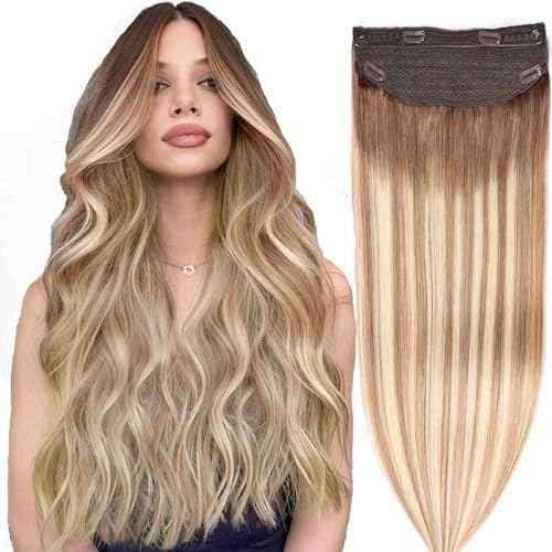 Halo Hair Extensions - Dark Brown to Gold Blonde and Bleach Blonde Adjustable Size Removable Secure£¬Halo Extensions Real Human Hair, 3/8/22 80g 18Inch