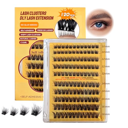 Self Adhesive Eyelashes No Glue Needed 120pcs Natural Self Adhesive Lash Clusters Wispy Reusable Press on Lashes Pre-Glue 10-16mm Individual Lashes C Curl DIY Eyelash Extensions