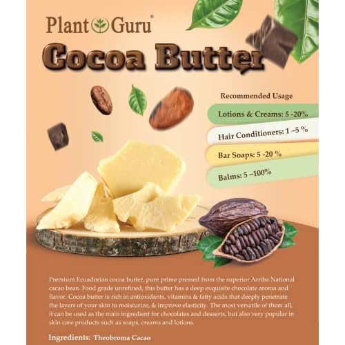 Plant Guru Raw Cocoa Butter 2 lbs. Bar - 100% Pure Natural Unrefined FOOD GRADE Arriba Nacional Cacao Bean, Great For Chocolate Making, Soap, Lip Balm and Moisturizer For DIY Body Butters