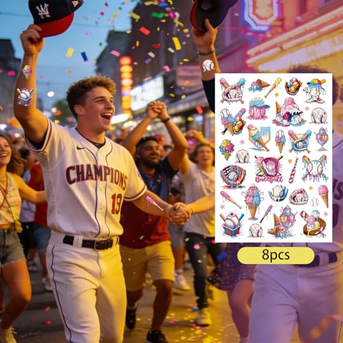 Ice Cream Baseball Temporary Tattoos - 8 Sheets 200+ Designs