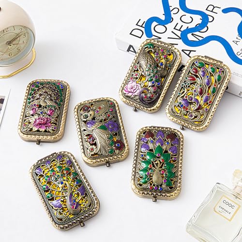TANG SONG 6PCS Vintage Peacock Pattern Cosmetic Makeup Pocket Purse Magnification Jewel Mirror (6 Different Patterns)