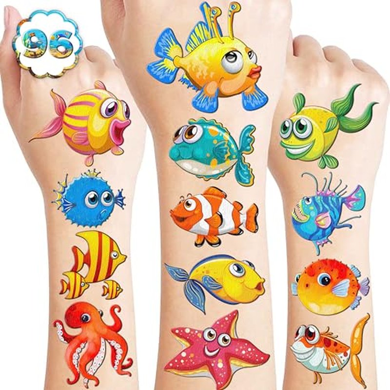 96PCS Tropical Fish Temporary Tattoos Ocean Themed Birthday Party Decorations Supplies Favors Decor Cute Colorful Under The Sea Animals Tattoo Stickers Gifts For Kids Boys Girls School Prizes Carnival