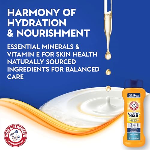 Arm & Hammer Essentials Mens Body Wash - Ultra Max 3-in-1 Cool Water 22.5oz - Mens 3 in 1 Shampoo Conditioner Body Wash - Non Toxic Body Wash