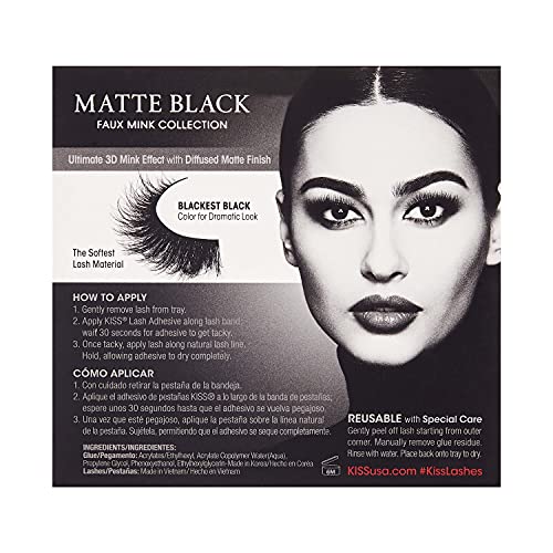 KISS Lash Couture Matte Black Faux Mink Collection False Eyelashes, 14 mm, 3D Volume, Soft & matte Finish, Plush Effect, Easy to Apply, Reusable, 1 Pair Fake Lashes, Style 'Matte Silk'