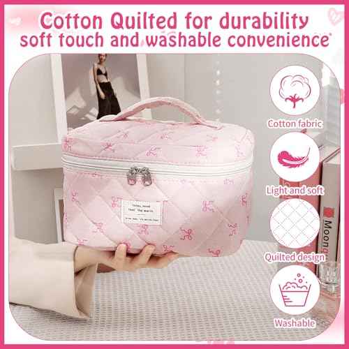 Quilted Makeup Bag, Large Capacity Travel Cosmetic Bag for Women and Girls, Aesthetic Storage for Daily and Travel Use (3PCS-Pink SlimBow)