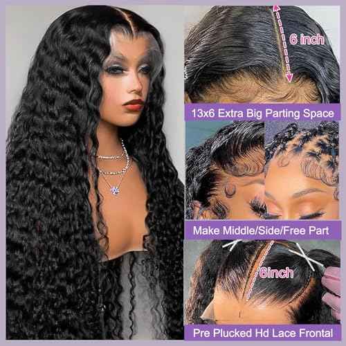 30 Inch 13x6 Deep Wave Lace Front Wigs Human Hair True 200 Density Pre Plucked Deep Wave Wig Human Hair 12A Glueless Wet and Wavy Curly Lace Frontal Wigs For Women Natural Black Color