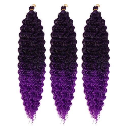 Ocean Wave Crochet Hair 30 Inch Deep Wave Braiding Hair Long Curly Crochet Braids Hair Extensions Ombre Black to Purple 3 Packs