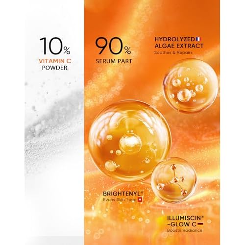 Dual-Chamber Fresh Vitamin C Brightening Serum for Face, 10% Pure Vit C Powder Serum, Dark Spot Corrector, Oxidation-Proof with UV Shield