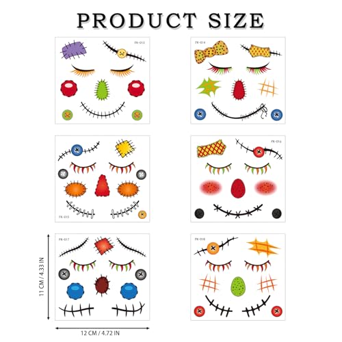 6-Sheet Scarecrow Face Temporary Tattoo Stickers Halloween Makeup