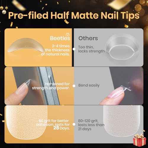 Beetles Gel Nail Kit Amond Shape - 504Pcs Beetles Gel Nail Kit Easy Nail Extension Set Etch X Nail Tips Short Almond Half Matte 9 in 1 Nail Glue Uv Led Gift for Women & Girls