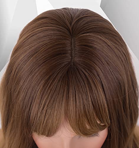 LANOVA Brown Wig with Bangs, Brunette Wig with Bangs, Honey Brown Synthetic Curly Wigs for Women, Long Brown Wigs with Fringe, Loose Curly Wigs 26 inch LANOVA-162