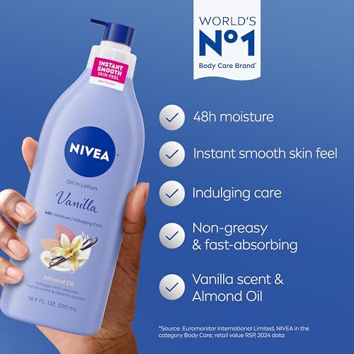 NIVEA Oil Infused Vanilla and Almond Oil Body Lotion for Women,Fast-Absorbing and Non-Greasy Vanilla Scented Lotion Moisturizes for 48 Hours,16.9 Fl Oz Pump Bottle,(Pack of 6)
