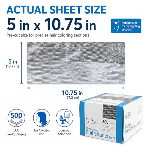 ForPro Professional Embossed Hair Foil Sheets 500-Count, 5x10.75 Inch Pre-Cut Aluminum for Highlights & Color