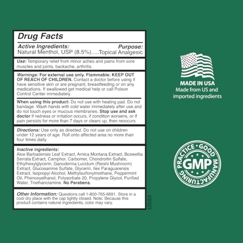 Roll-On, Fast-Acting Topical Analgesic, Natural Botanical Formula with Menthol, Arnica, Reishi, 3 fl oz, for Joint and Muscle Support