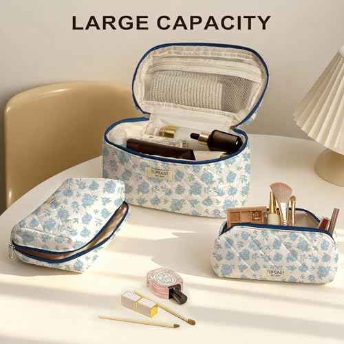 TOPEAST Makeup Bag for Women Girl, 3Pcs Large Cotton Travel Make up Bags, Cute Quilted Floral Cosmetic Pouch with Zipper, Potable Brushes Toiletry Bag Sets, Blue Floral