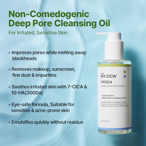 HYCICA Soothing Pore Cleansing Oil | Non-Comedogenic Makeup Blackhead Remover for Sensitive Skin with 7 CICA & 10 HA, Deep Pore Cleanser, Double Cleansing, Korean Skincare, 6.76 fl oz