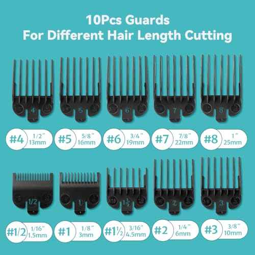 Clipper Guards Set Compatible with Most Wahl Clippers with Holder, Clipper Guides Replacement - 1/16" to 1", 10 Piece Set, Black Color