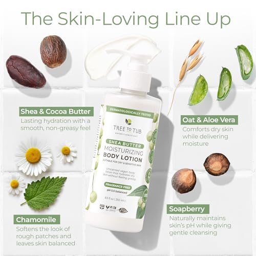 Tree to Tub Unscented Shea Butter Body Lotion for Dry Skin - Fragrance Free Lotion,Vegan Body Moisturizer, Good for Sensitive Skin for both Women & Men