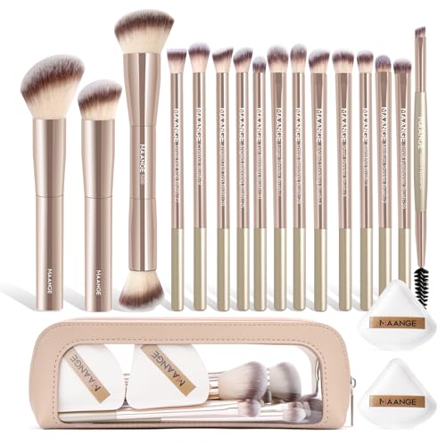 MAANGE Makeup Brush Set 19 PCS Travel Makeup Brushes Eyeshaowder Powder Concealers Foundation Professional Make Up Brush Set with Case (Gold)